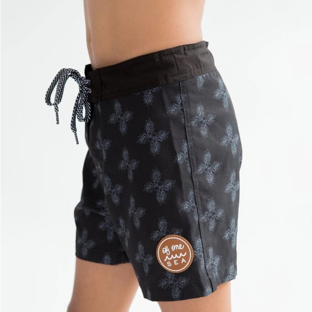 Of One Sea Kid’s Swim Trunks in Black Breadfruit Bandana